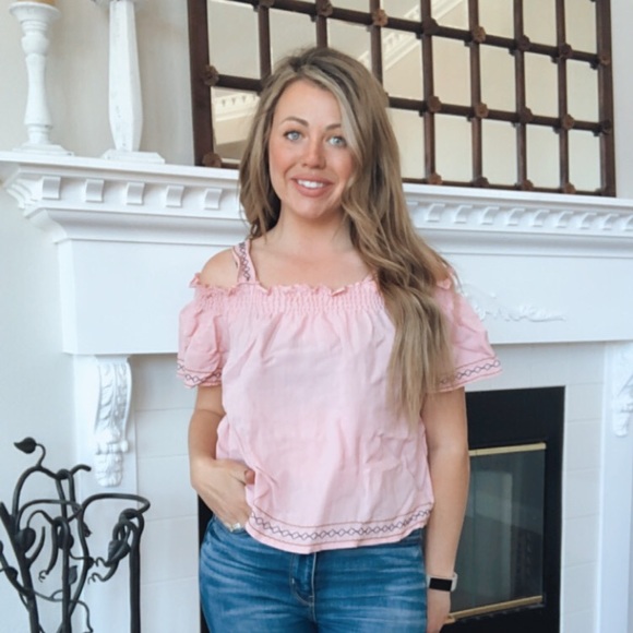 Love Notes Pink Embroidered Cold Shoulder Blouse - Picture 1 of 7